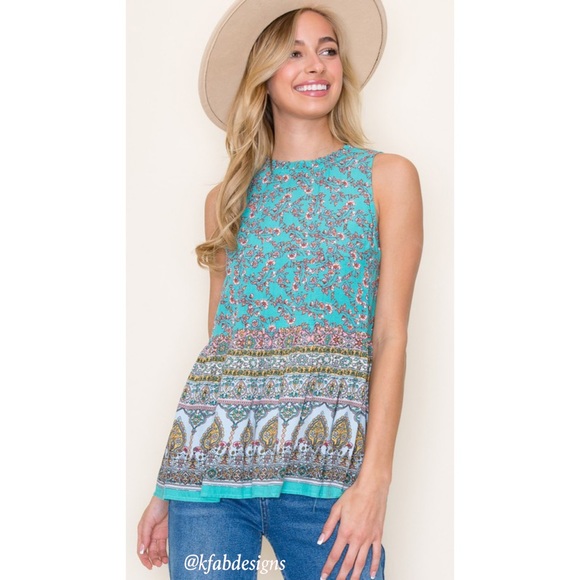 LAST 2! Boho Ruffle Mock Neck Ocean Colors Top! - Picture 2 of 7